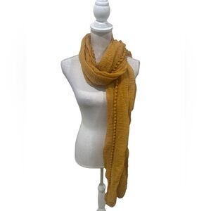 Remi & Reid Pom Pom sheer crinkle lightweight polyester Mustard Scarf